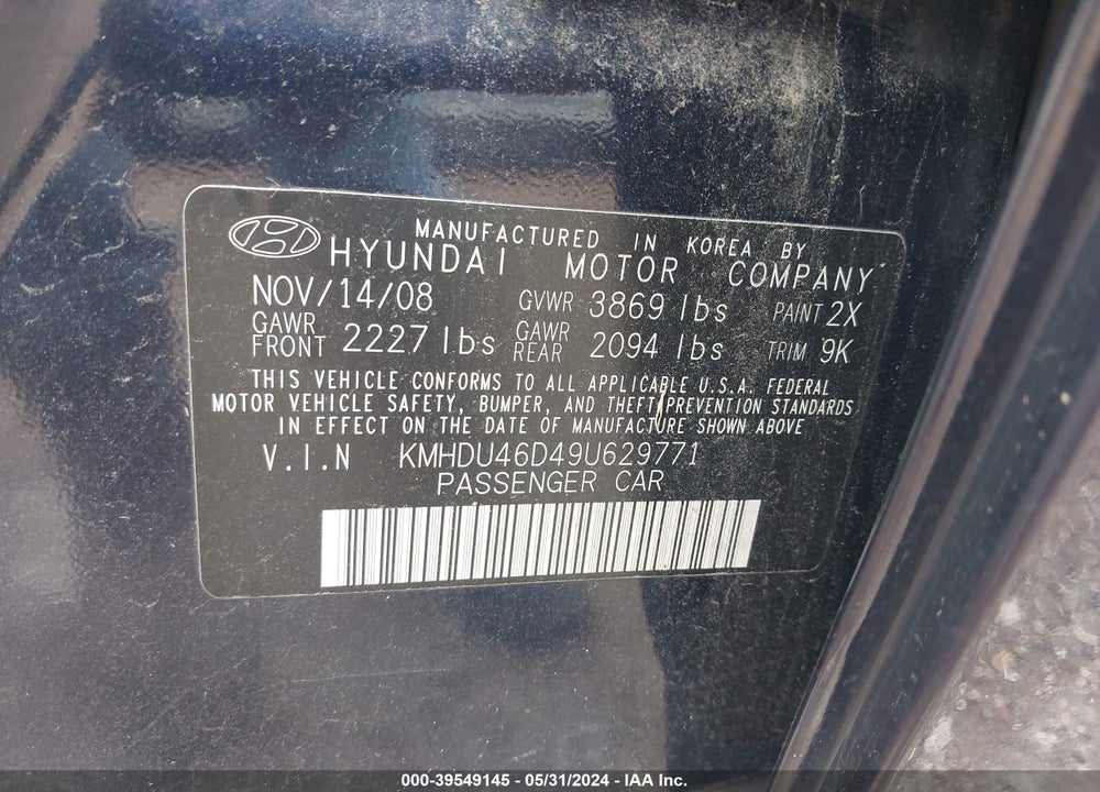 2009 HYUNDAI ELANTRA GLS VIN: KMHDU46D49U629771