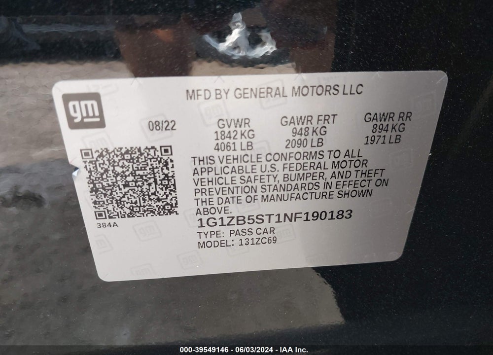 2022 CHEVROLET MALIBU FWD LS VIN: 1G1ZB5ST1NF190183