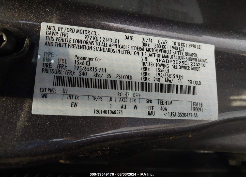 2014 FORD FOCUS S VIN: 1FADP3E25EL235210
