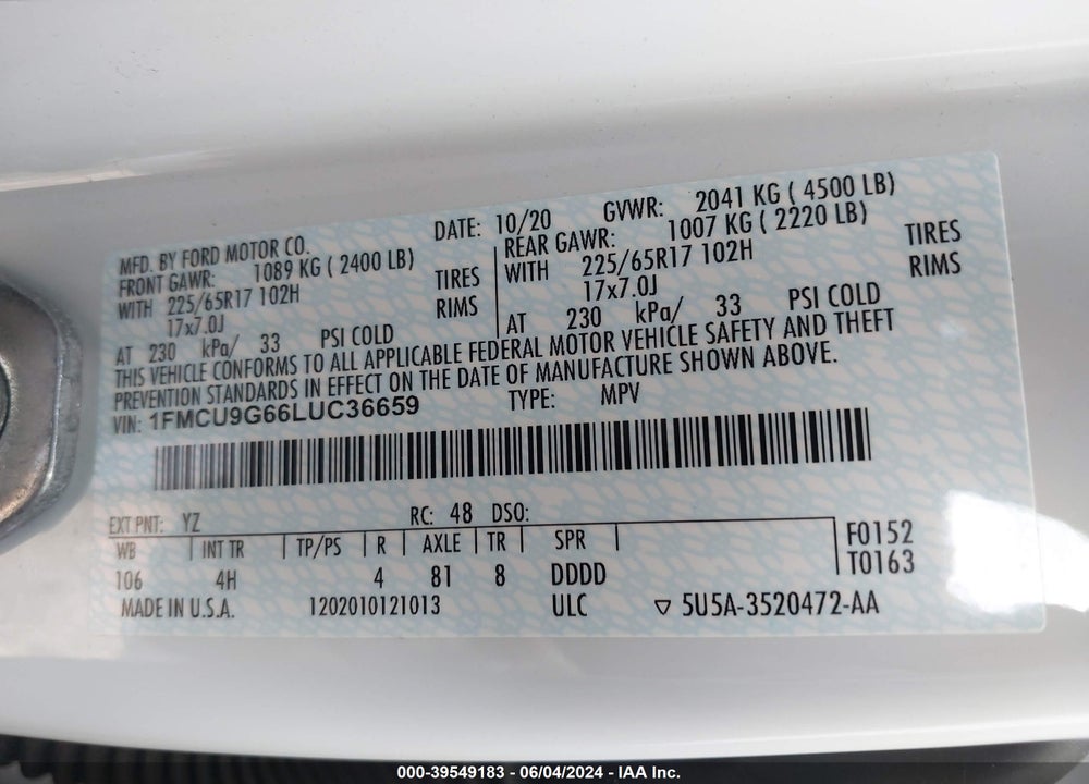 2020 FORD ESCAPE SE VIN: 1FMCU9G66LUC36659