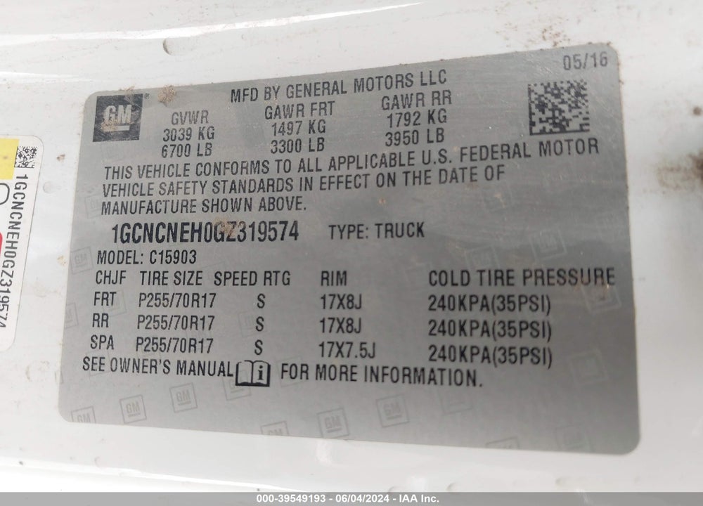 2016 CHEVROLET SILVERADO 1500 WT VIN: 1GCNCNEH0GZ319574