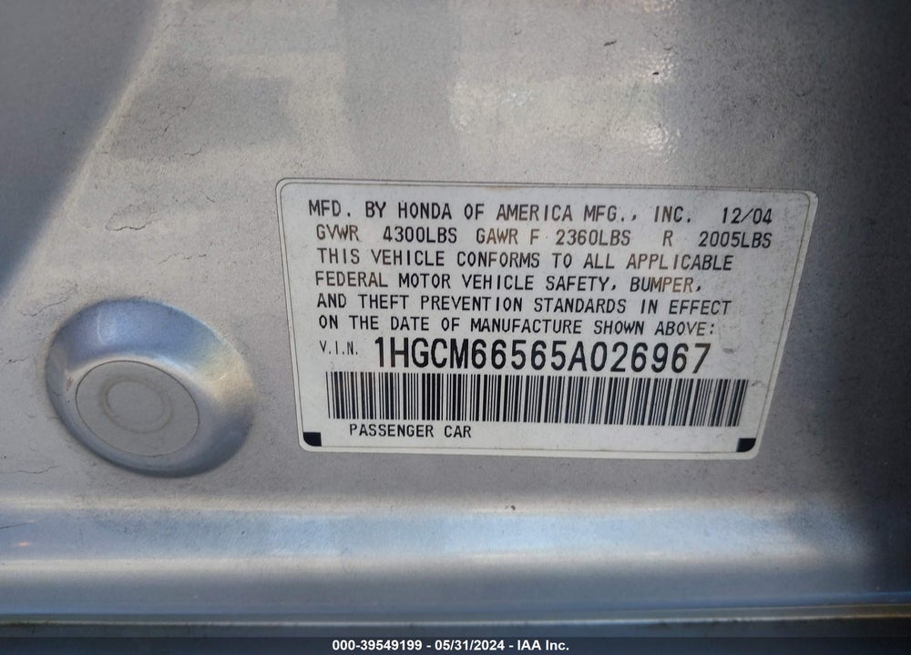 2005 HONDA ACCORD VIN: 1HGCM66565A026967