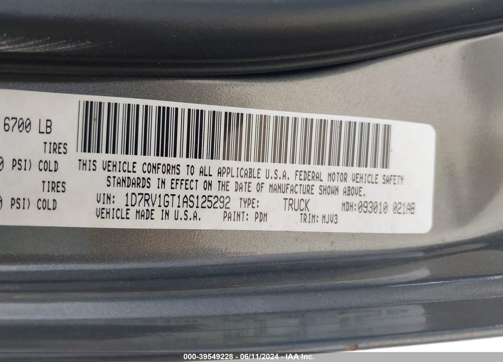 2010 DODGE RAM 1500 SLT/SPORT/TRX VIN: 1D7RV1GT1AS125292