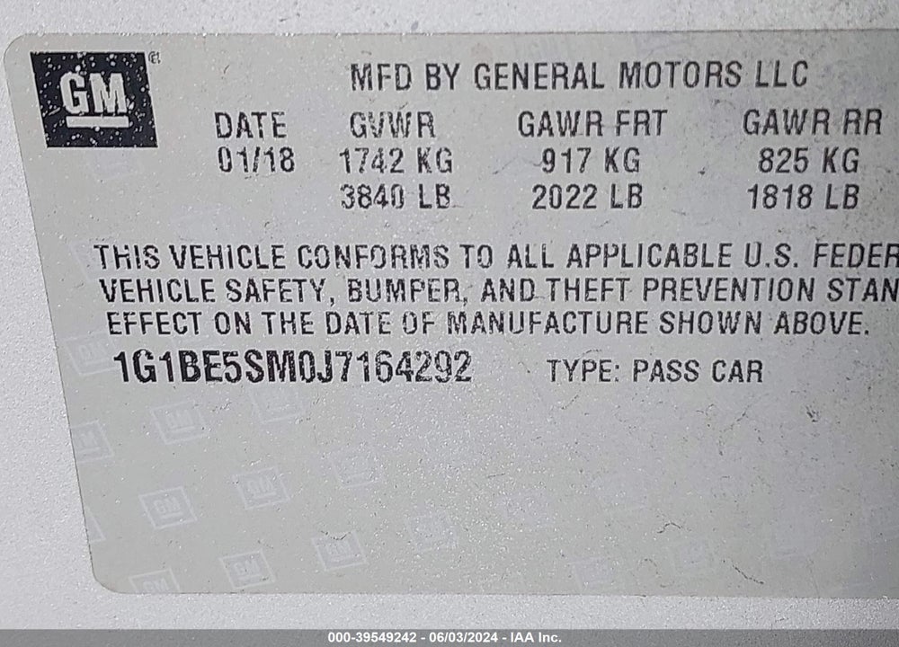 2018 CHEVROLET CRUZE LT AUTO VIN: 1G1BE5SM0J7164292