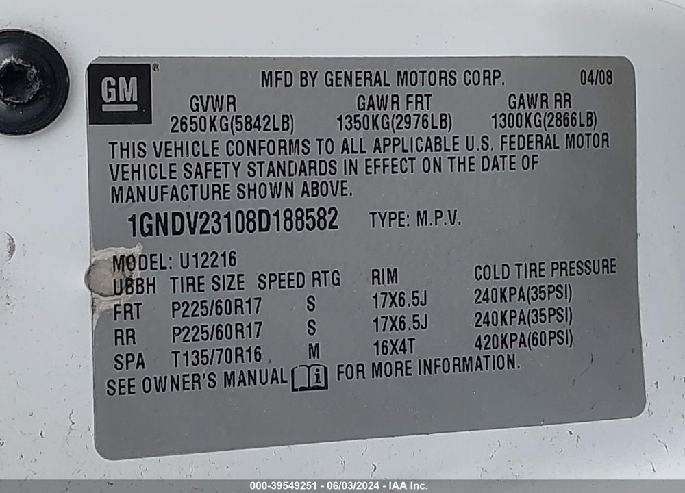 2008 CHEVROLET UPLANDER LS VIN: 1GNDV23108D188582