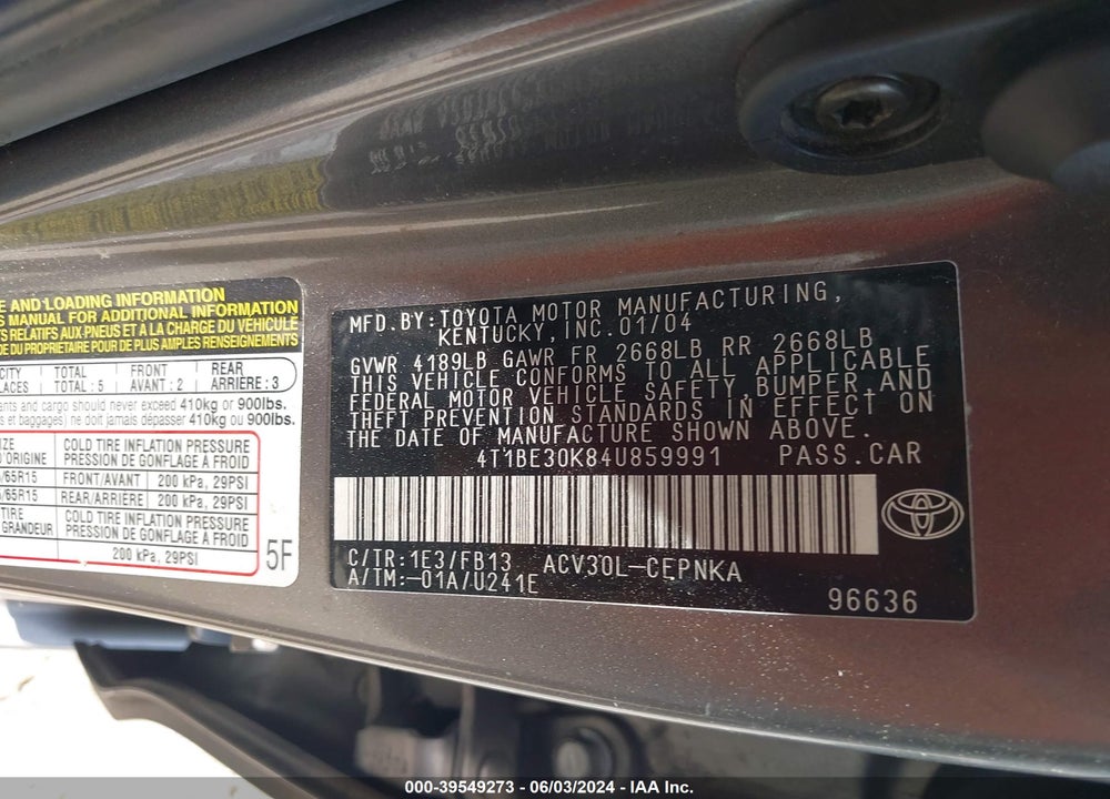 2004 TOYOTA CAMRY LE VIN: 4T1BE30K84U859991