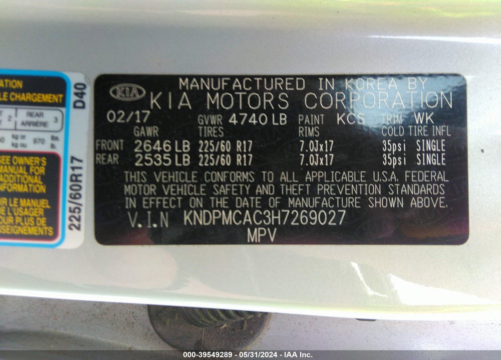 2017 KIA SPORTAGE LX VIN: KNDPMCAC3H7269027
