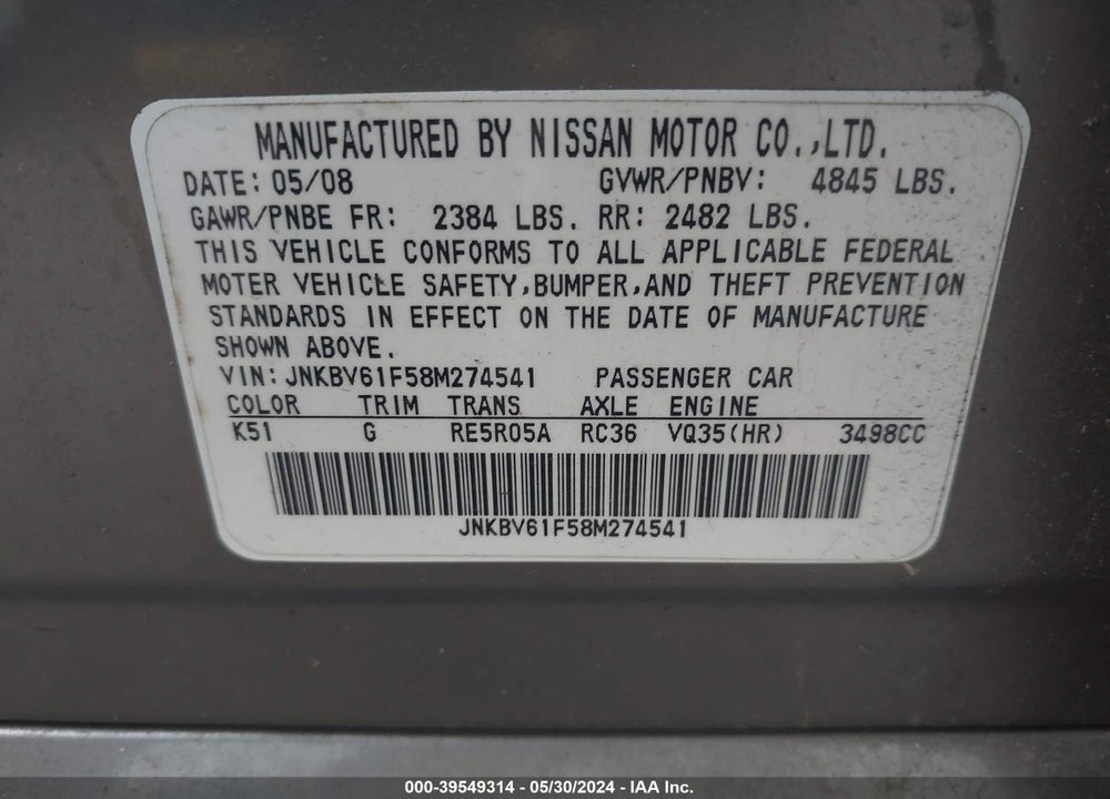 2008 INFINITI G35X VIN: JNKBV61F58M274541
