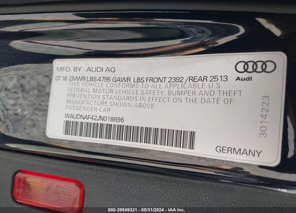 2018 AUDI A4 2.0T PREMIUM/2.0T TECH PREMIUM VIN: WAUDNAF42JN018696
