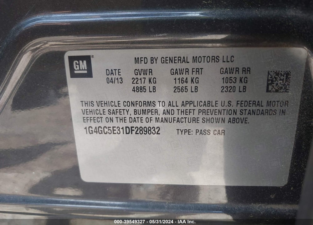 2013 BUICK LACROSSE VIN: 1G4GC5E31DF289832