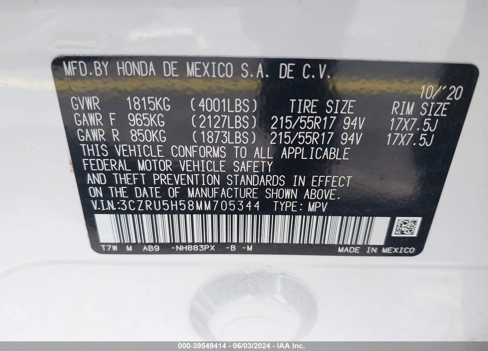 2021 HONDA HR-V 2WD EX VIN: 3CZRU5H58MM705344