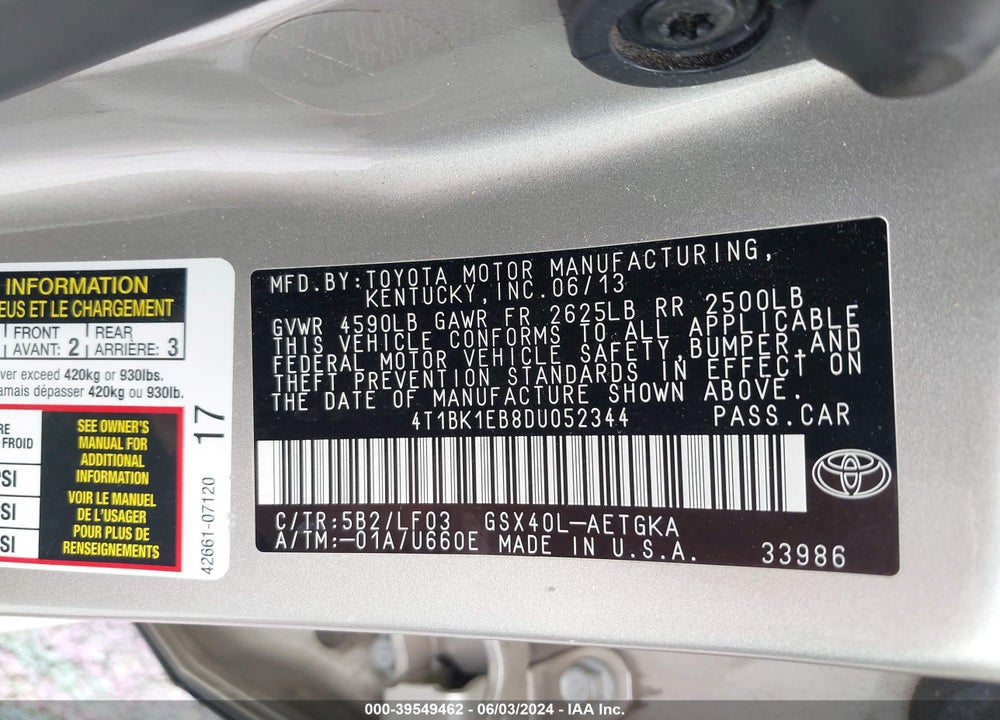 2013 TOYOTA AVALON XLE PREMIUM VIN: 4T1BK1EB8DU052344