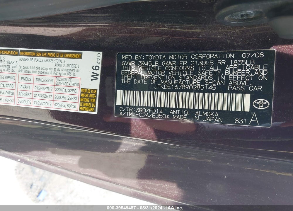 2009 SCION TC VIN: JTKDE167890285145