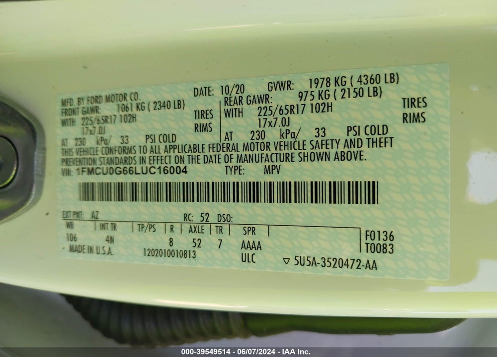 2020 FORD ESCAPE SE VIN: 1FMCU0G66LUC16004