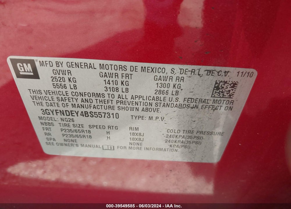 2011 CADILLAC SRX VIN: 3GYFNDEY4BS557310