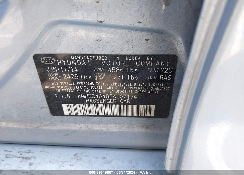 2014 HYUNDAI SONATA HYBRID LIMITED VIN: KMHEC4A48EA107154
