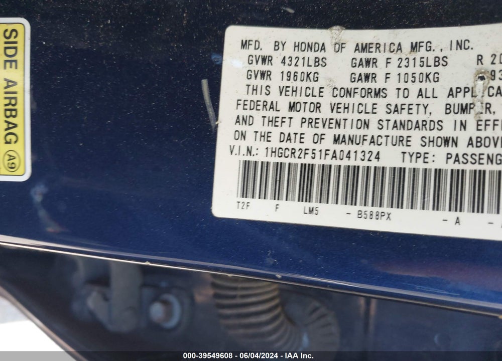 2015 HONDA ACCORD VIN: 1HGCR2F51FA041324