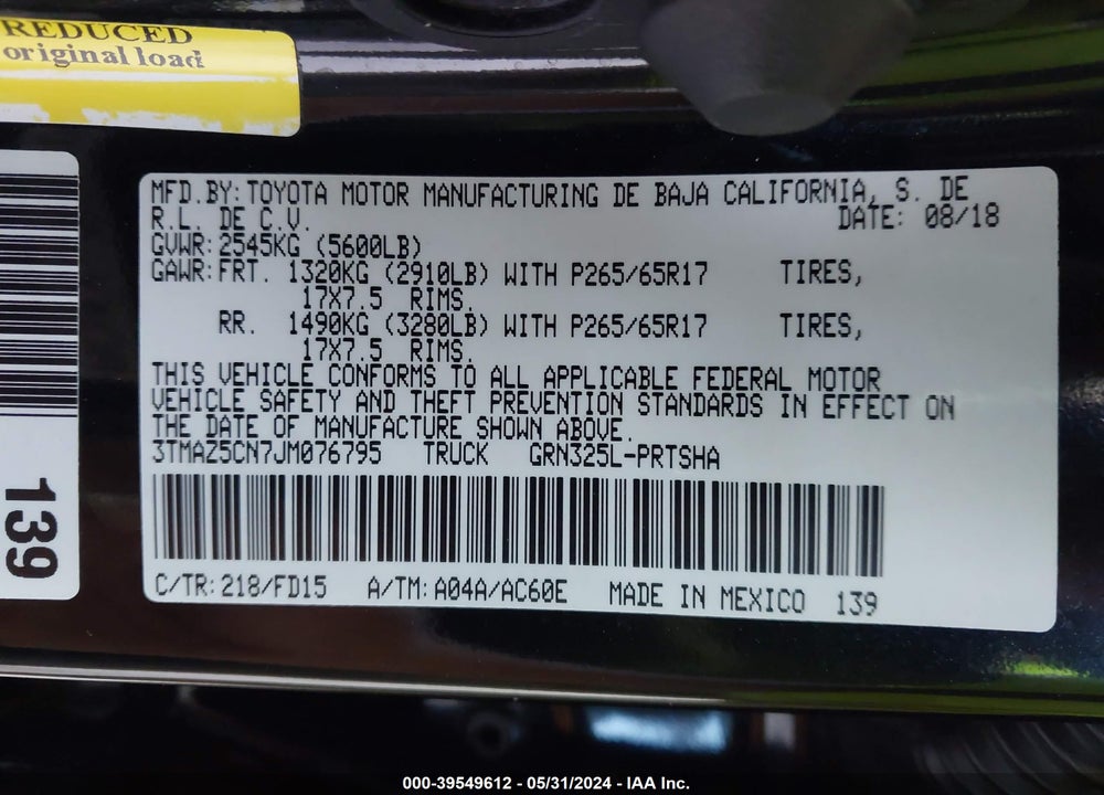 2018 TOYOTA TACOMA TRD SPORT VIN: 3TMAZ5CN7JM076795