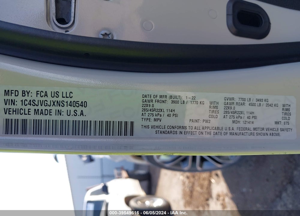 2022 JEEP GRAND WAGONEER SERIES III 4X4 VIN: 1C4SJVGJXNS140540