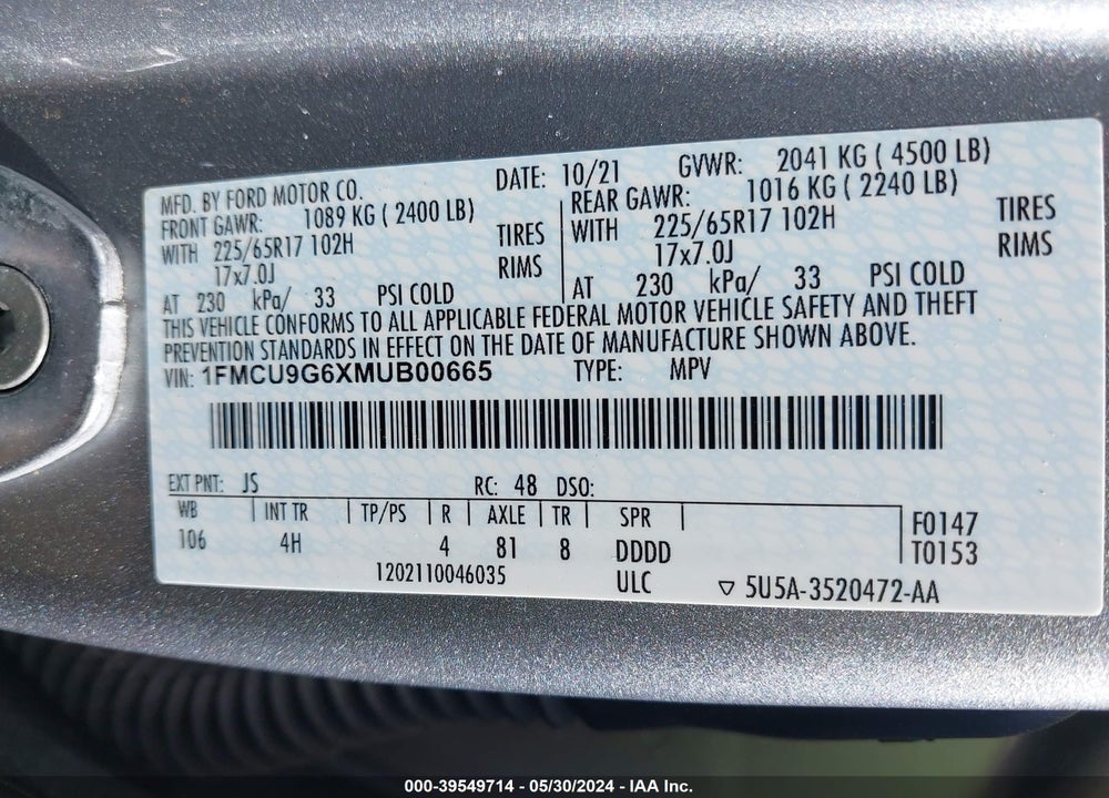 2021 FORD ESCAPE SE VIN: 1FMCU9G6XMUB00665