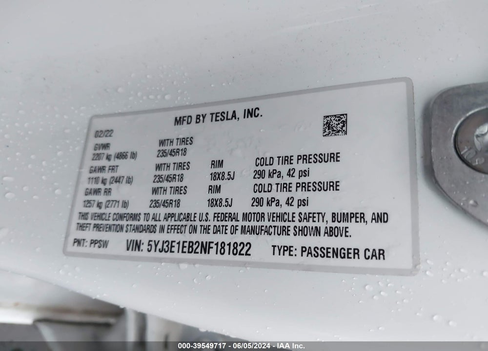 2022 TESLA MODEL 3 LONG RANGE DUAL MOTOR ALL-WHEEL DRIVE VIN: 5YJ3E1EB2NF181822