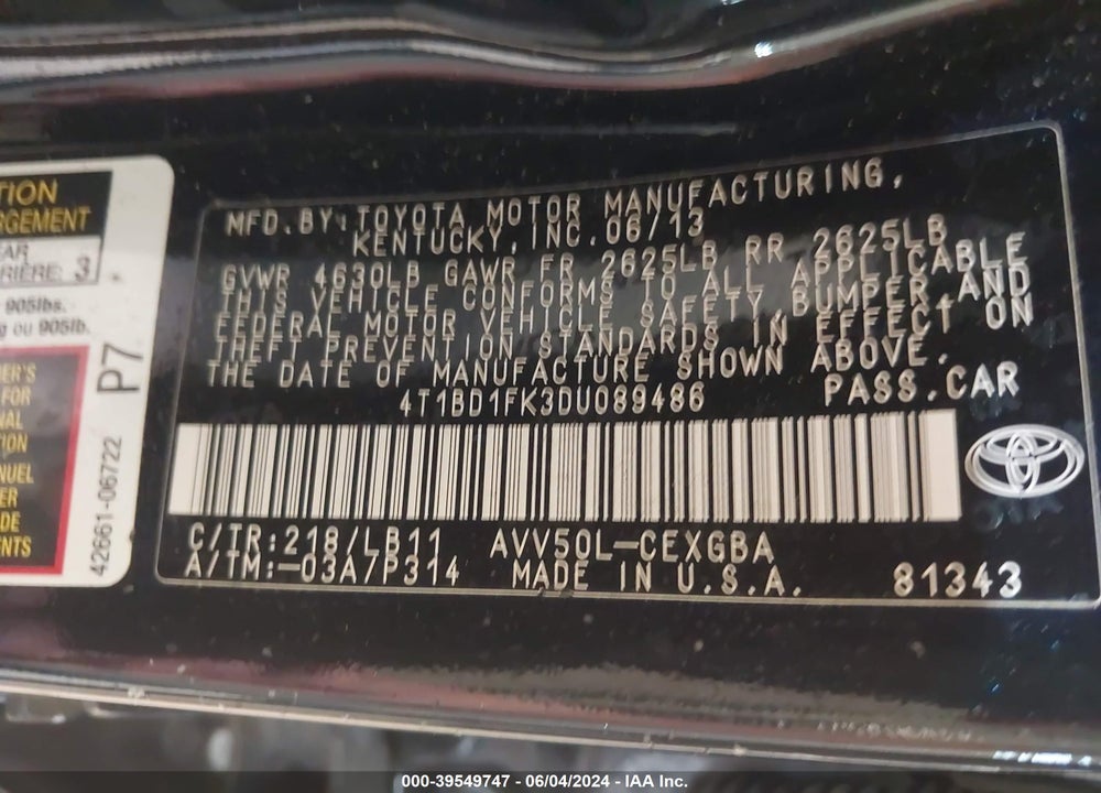 2013 TOYOTA CAMRY HYBRID XLE VIN: 4T1BD1FK3DU089486