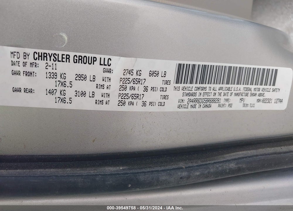 2011 CHRYSLER TOWN & COUNTRY LIMITED VIN: 2A4RR6DG5BR688281