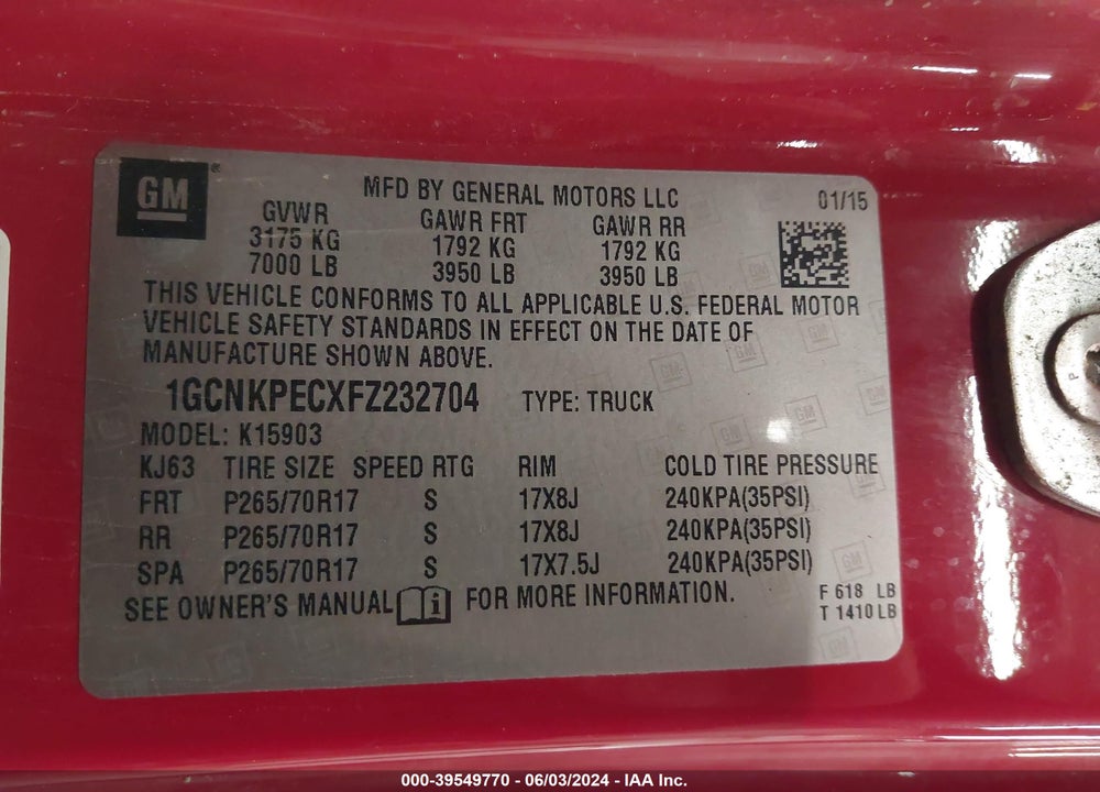 2015 CHEVROLET SILVERADO 1500 LS VIN: 1GCNKPECXFZ232704