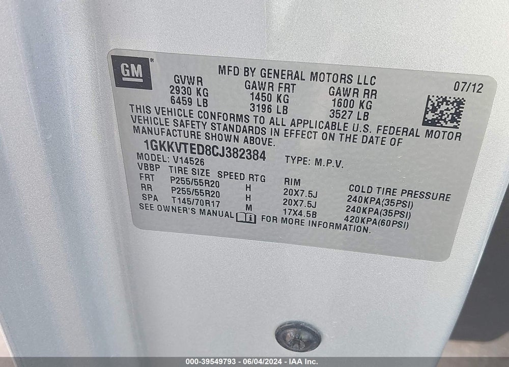 2012 GMC ACADIA VIN: 1GKKVTED8CJ382384