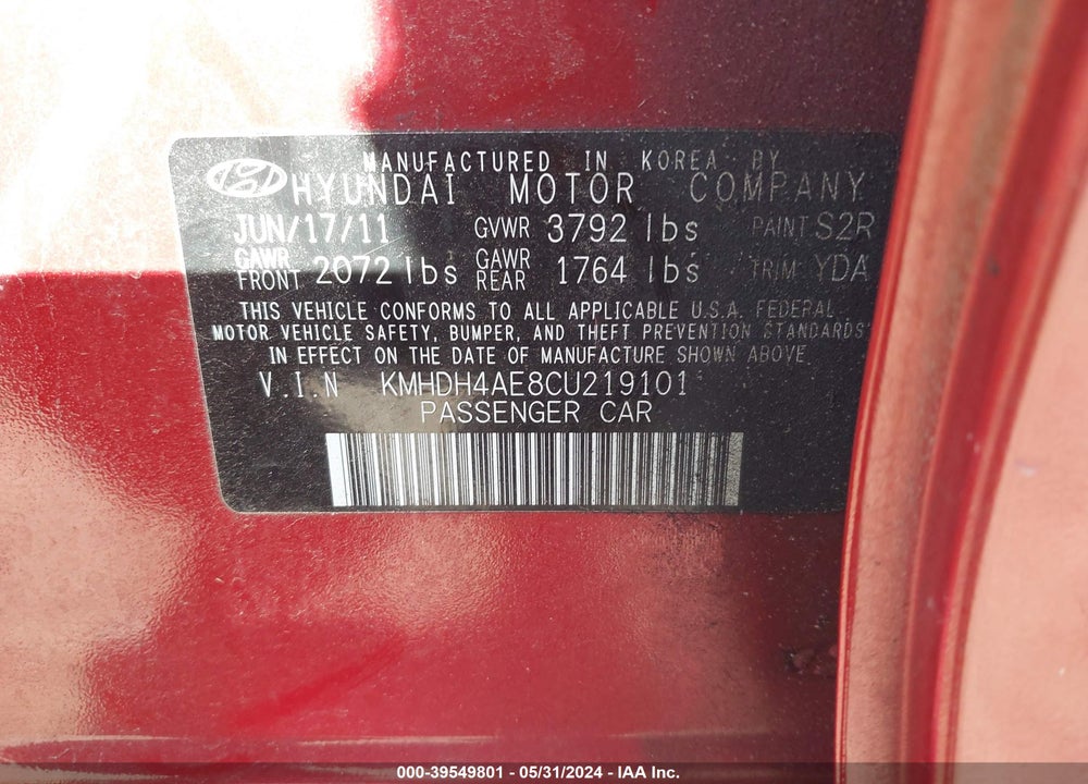 2012 HYUNDAI ELANTRA LIMITED (ULSAN PLANT) VIN: KMHDH4AE8CU219101