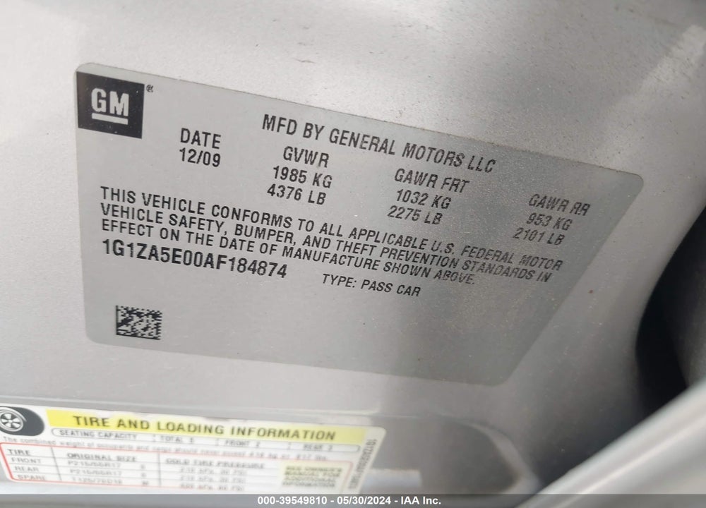 2010 CHEVROLET MALIBU LS VIN: 1G1ZA5E00AF184874