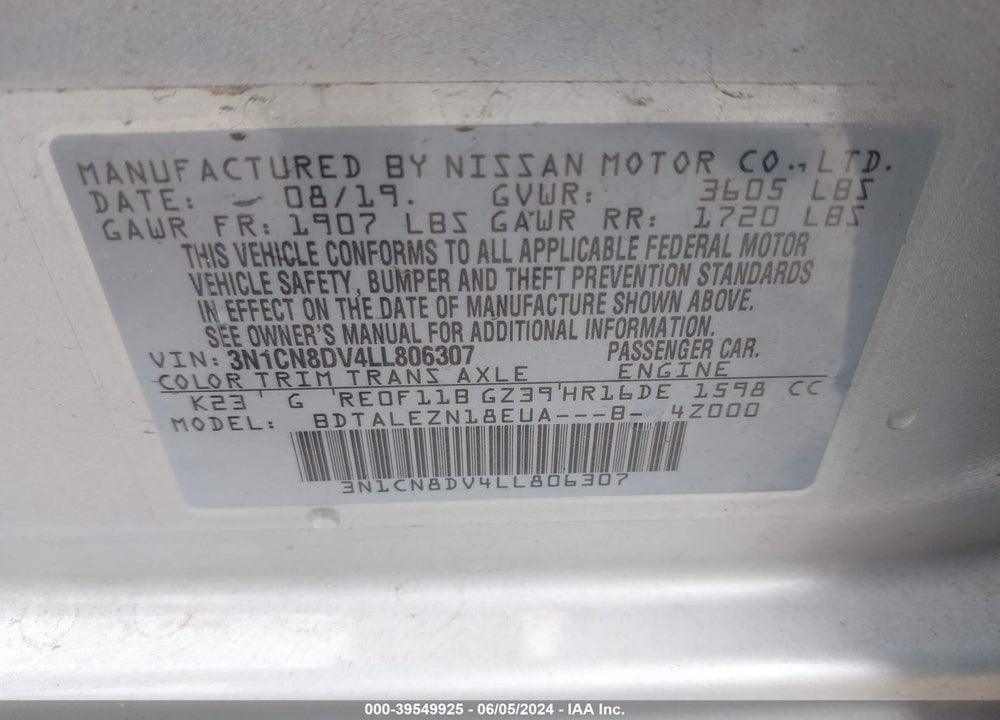 2020 NISSAN VERSA S XTRONIC CVT VIN: 3N1CN8DV4LL806307