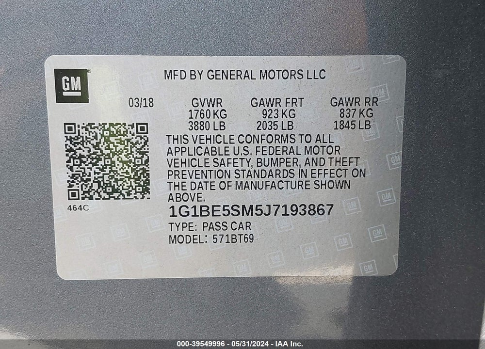 2018 CHEVROLET CRUZE LT AUTO VIN: 1G1BE5SM5J7193867