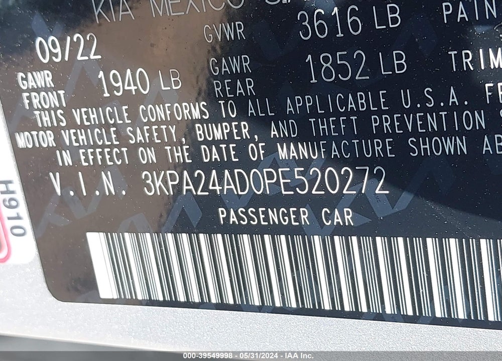 2023 KIA RIO S VIN: 3KPA24AD0PE520272
