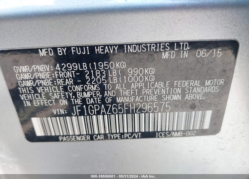 2015 SUBARU IMPREZA 2.0I SPORT LIMITED VIN: JF1GPAZ65FH296575