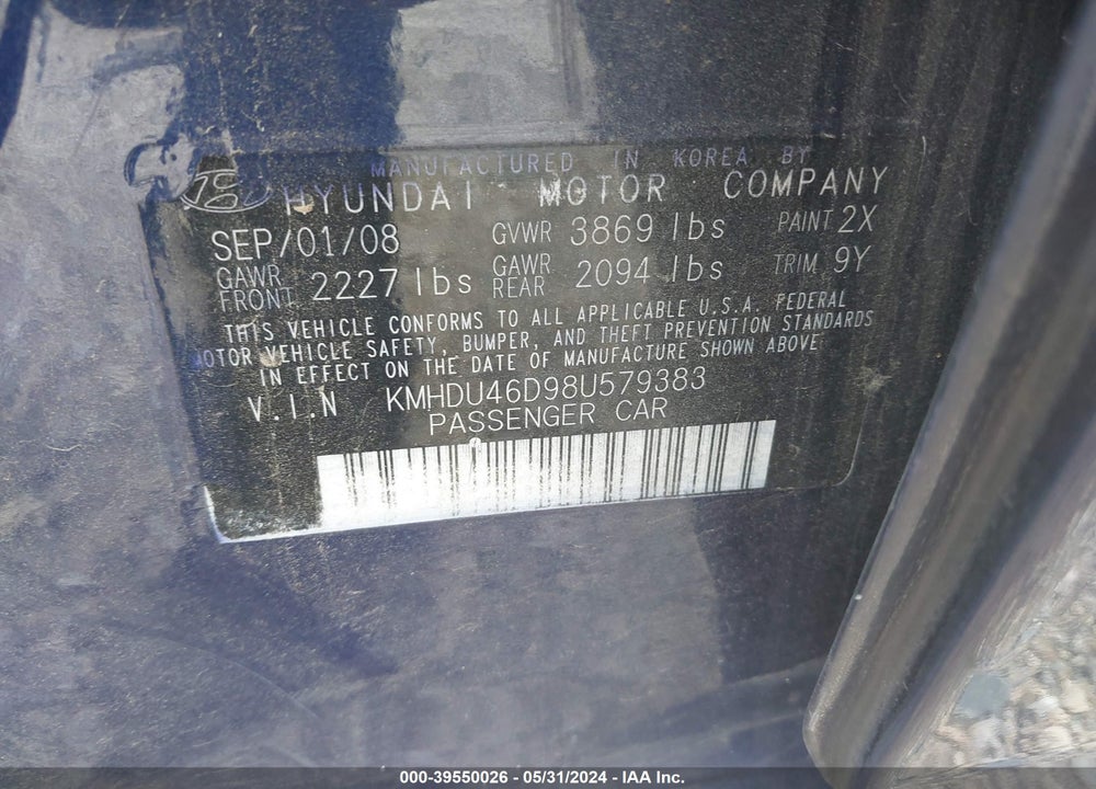 2008 HYUNDAI ELANTRA GLS/SE VIN: KMHDU46D98U579383