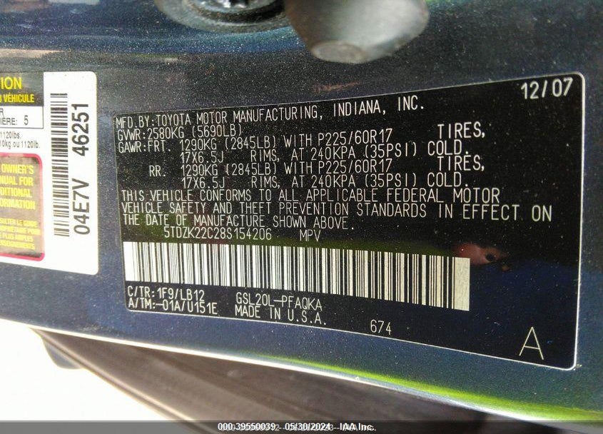 2008 TOYOTA SIENNA XLE VIN: 5TDZK22C28S154206