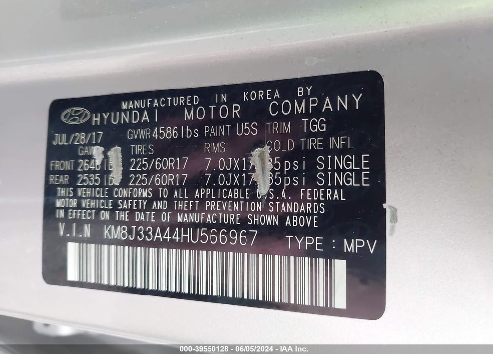 2017 HYUNDAI TUCSON SE VIN: KM8J33A44HU566967