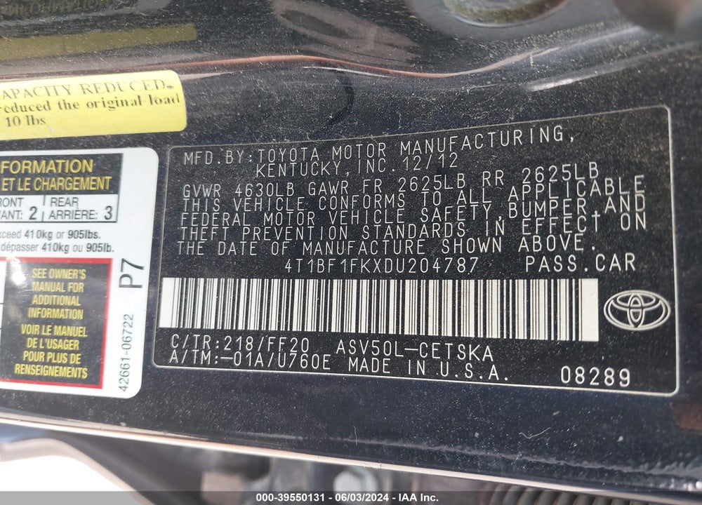2013 TOYOTA CAMRY SE VIN: 4T1BF1FKXDU204787