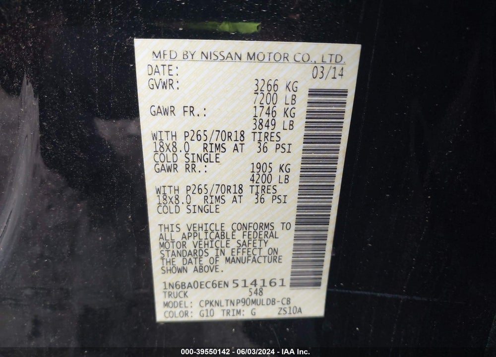 2014 NISSAN TITAN SV VIN: 1N6BA0EC6EN514161