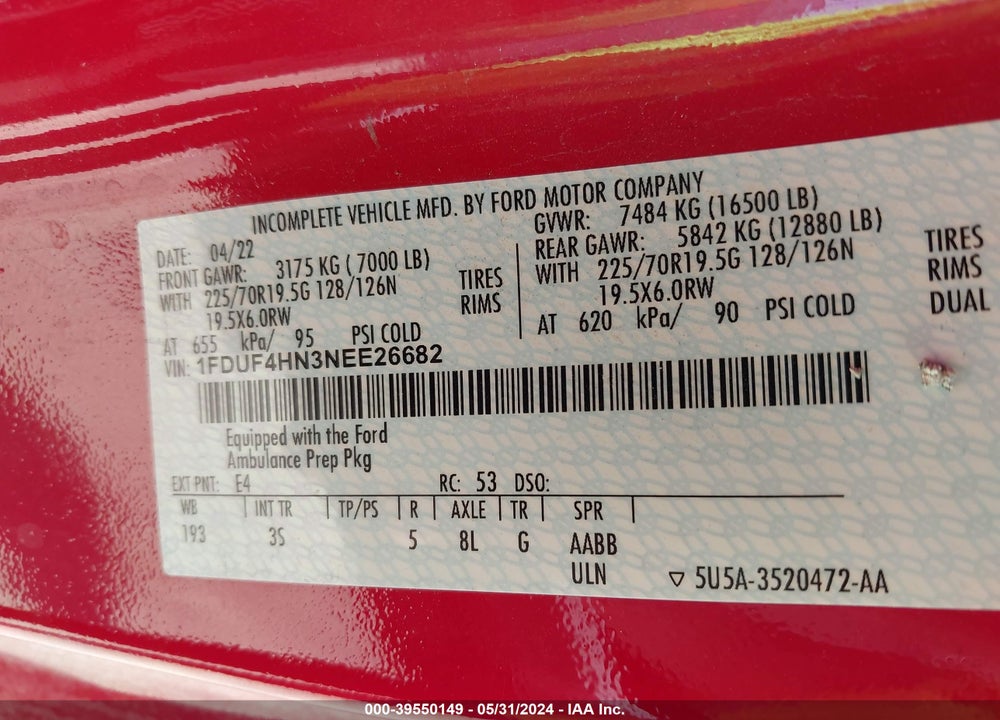 2022 FORD F-450 CHASSIS XLT VIN: 1FDUF4HN3NEE26682