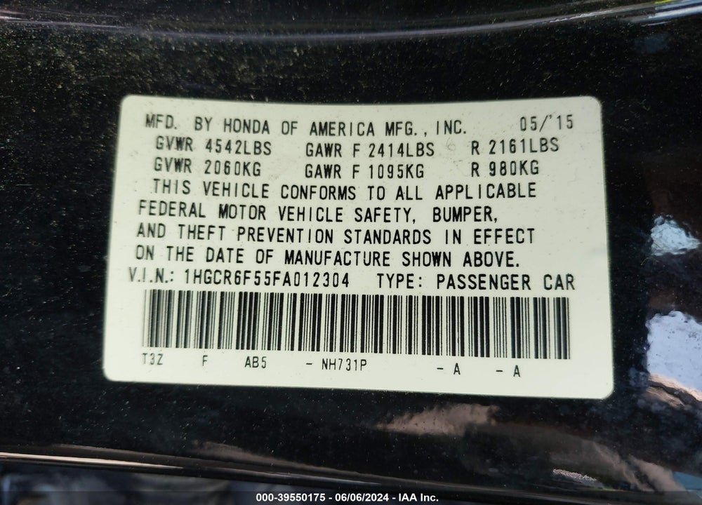 2015 HONDA ACCORD HYBRID EX-L VIN: 1HGCR6F55FA012304