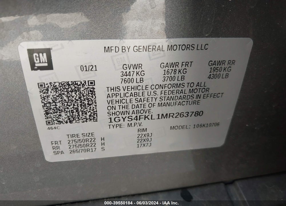2021 CADILLAC ESCALADE VIN: 1GYS4FKL1MR263780