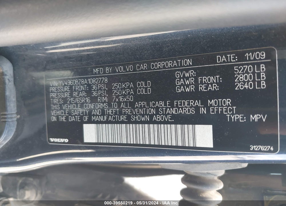 2010 VOLVO XC70 3.2 VIN: YV4960BZ8A1082778