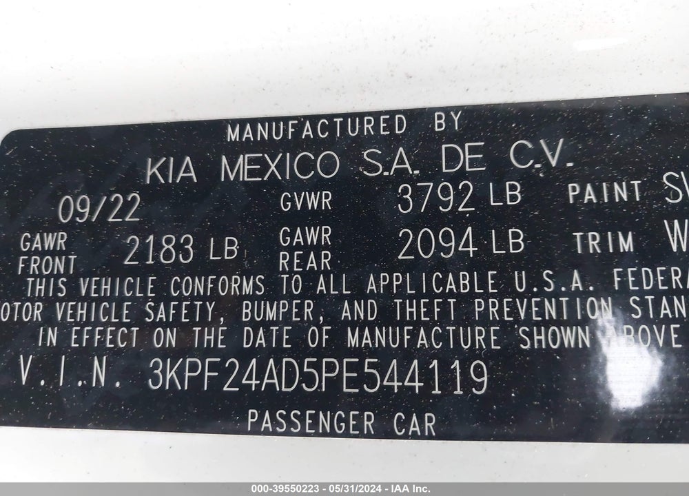 2023 KIA FORTE LXS VIN: 3KPF24AD5PE544119