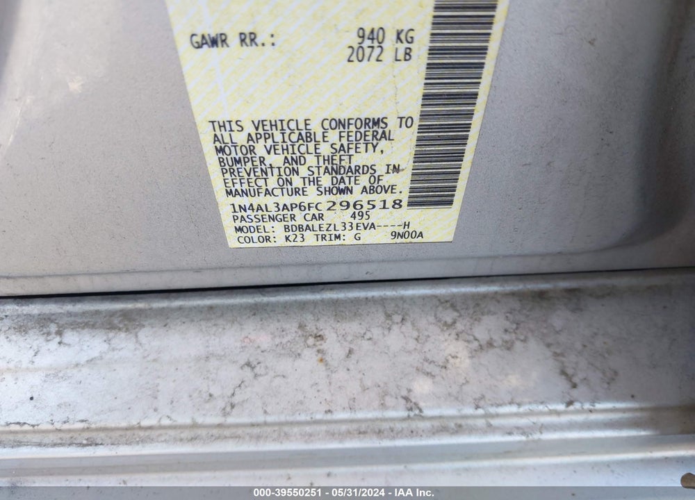 2015 NISSAN ALTIMA 2.5 S VIN: 1N4AL3AP6FC296518