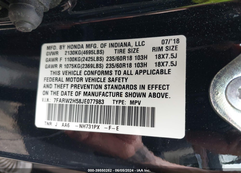 2018 HONDA CR-V EX VIN: 7FARW2H58JE077983