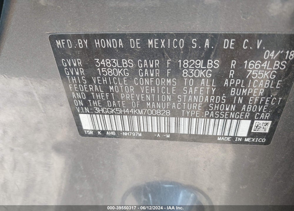 2019 HONDA FIT LX VIN: 3HGGK5H44KM700828