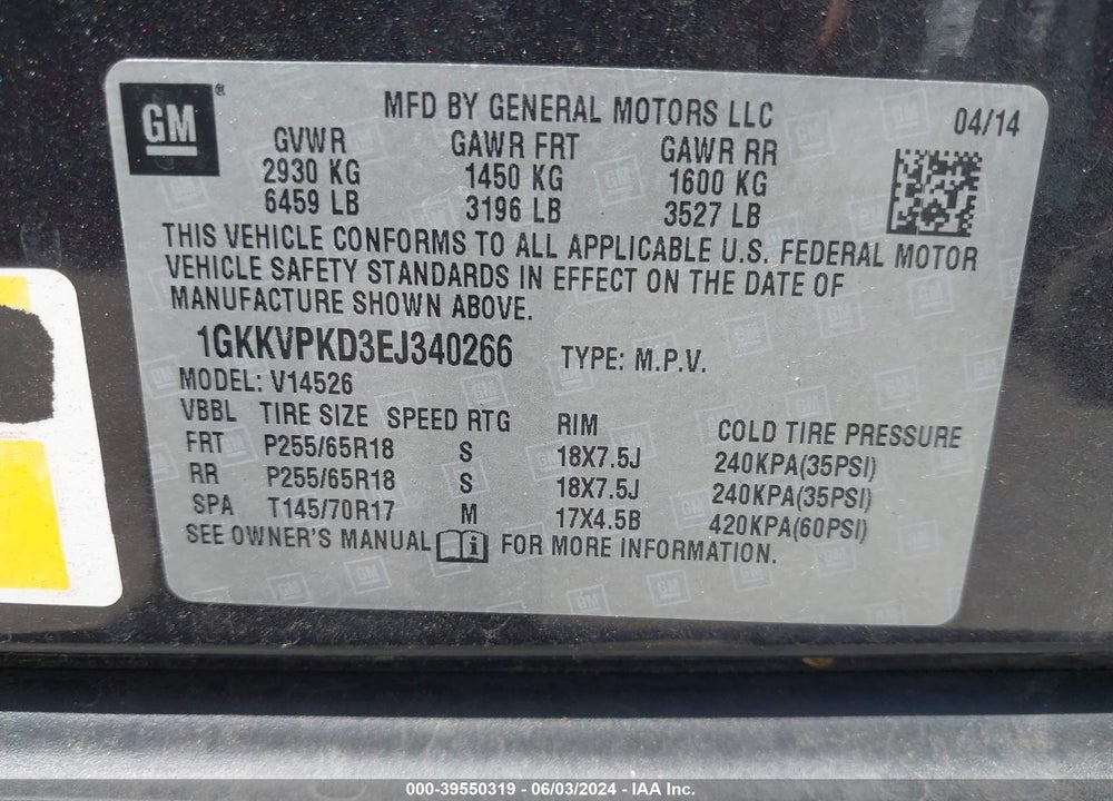 2014 GMC ACADIA SLE-2 VIN: 1GKKVPKD3EJ340266