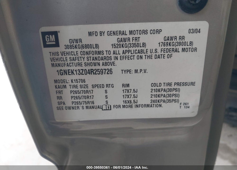 2004 CHEVROLET TAHOE Z71 VIN: 1GNEK13Z04R259726